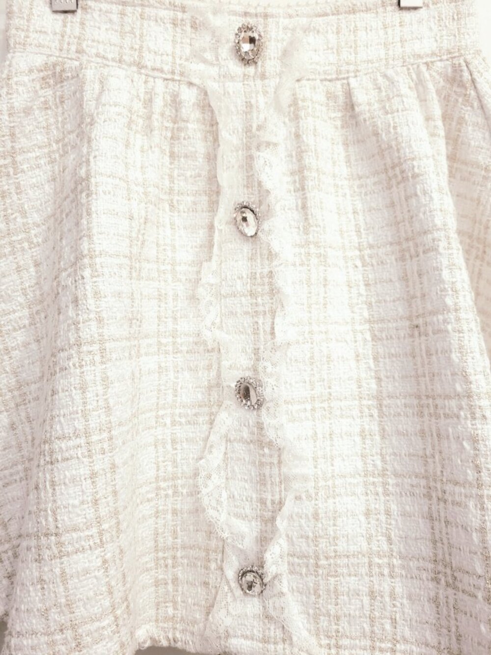 ANK ROUGE Flared Tweed Crystal Bijoux Button A-Line Mini Skirt - Picture 2 of 6